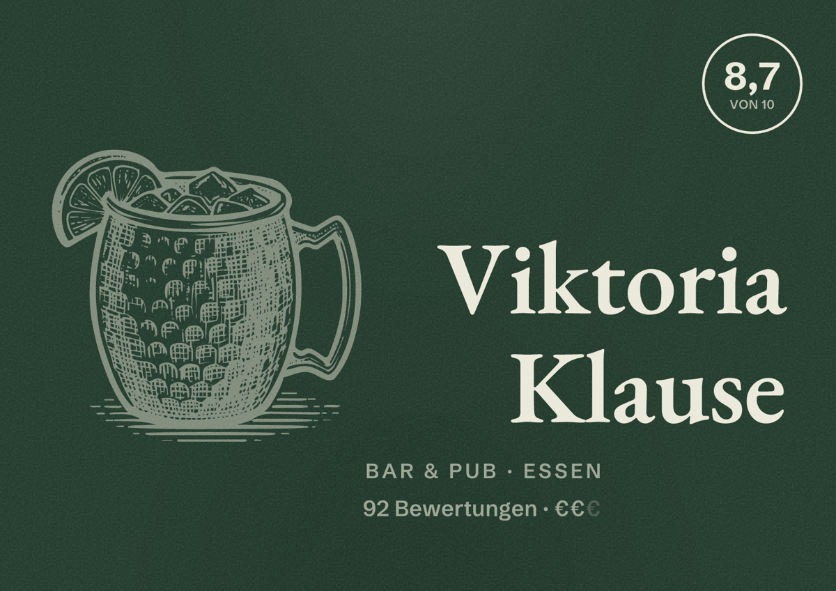 Illustriertes Poster von Viktoria Klause, Bar & Pub in Essen: Bewertung 8,7 von 10 aus 92 Bewertungen, Preisniveau €€
