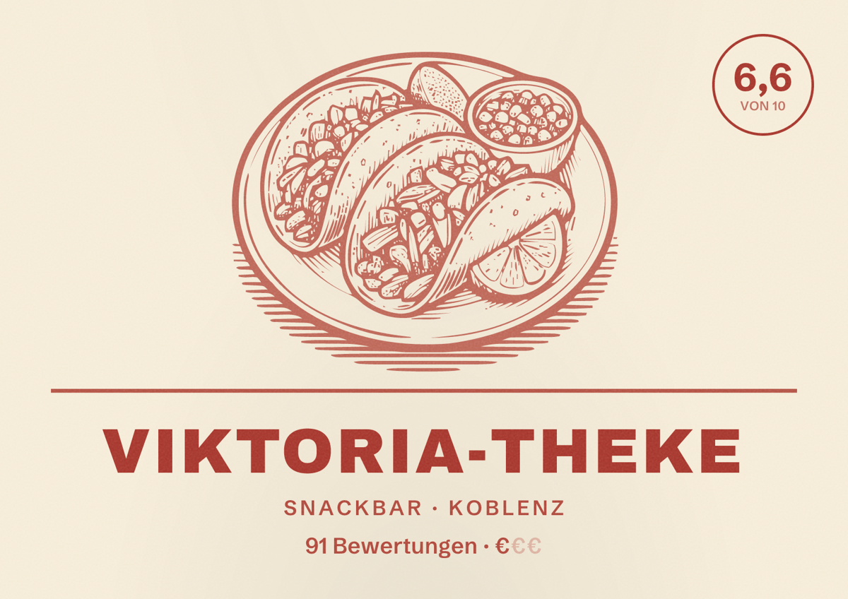 Illustriertes Poster von Viktoria-Theke, Snackbar in Koblenz: Bewertung 6,6 von 10 aus 91 Bewertungen, Preisniveau €