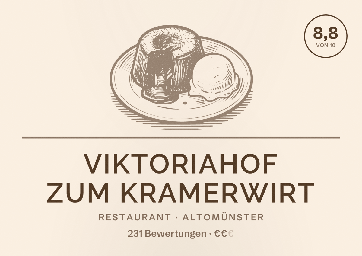 Illustriertes Poster von Viktoriahof zum Kramerwirt, Restaurant in Altomünster: Bewertung 8,8 von 10 aus 231 Bewertungen, Preisniveau €€