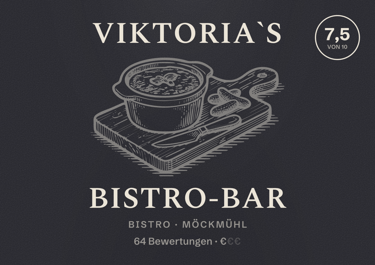 Illustriertes Poster von Viktoria`s Bistro-Bar, Bistro in Möckmühl: Bewertung 7,5 von 10 aus 64 Bewertungen, Preisniveau €