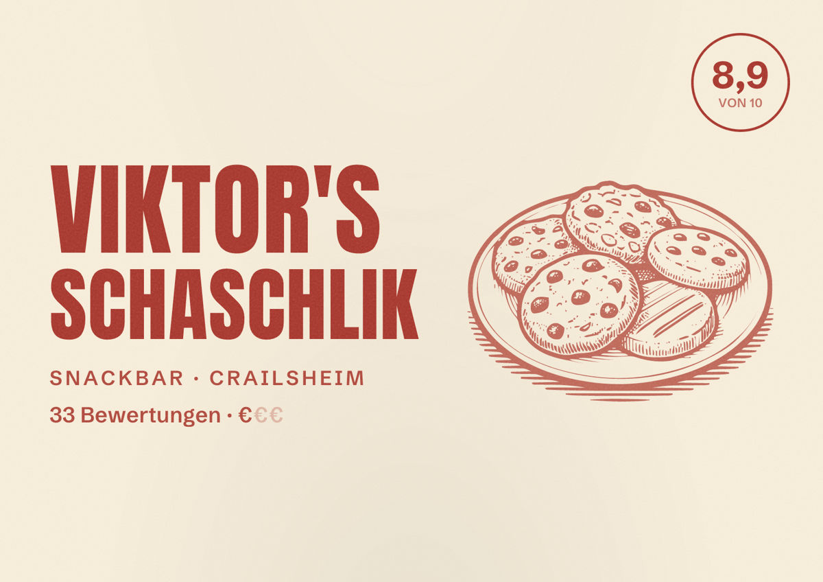 Illustriertes Poster von Viktor's Schaschlik, Snackbar in Crailsheim: Bewertung 8,9 von 10 aus 33 Bewertungen, Preisniveau €