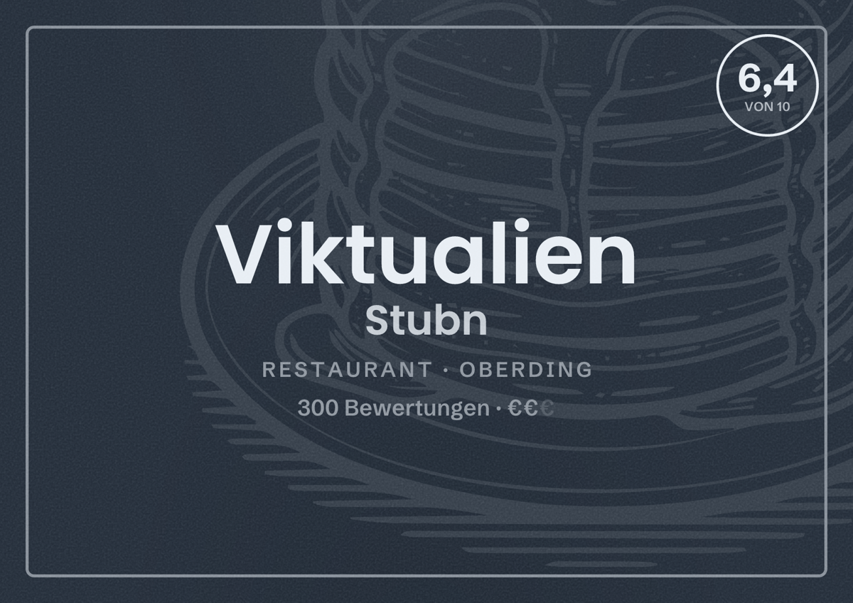 Illustriertes Poster von Viktualien Stubn, Restaurant in Oberding: Bewertung 6,4 von 10 aus 300 Bewertungen, Preisniveau €€