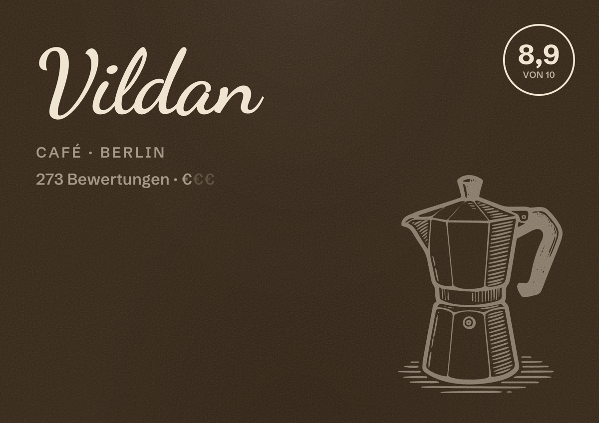 Illustriertes Poster von Vildan, Café in Berlin: Bewertung 8,9 von 10 aus 273 Bewertungen, Preisniveau €