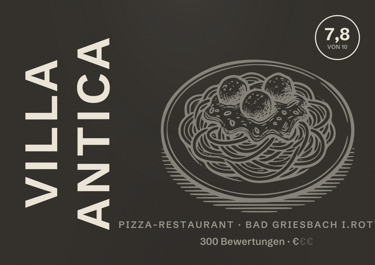 Illustriertes Poster von Villa Antica, Pizza-Restaurant in Bad Griesbach i.Rottal: Bewertung 7,8 von 10 aus 300 Bewertungen, Preisniveau €
