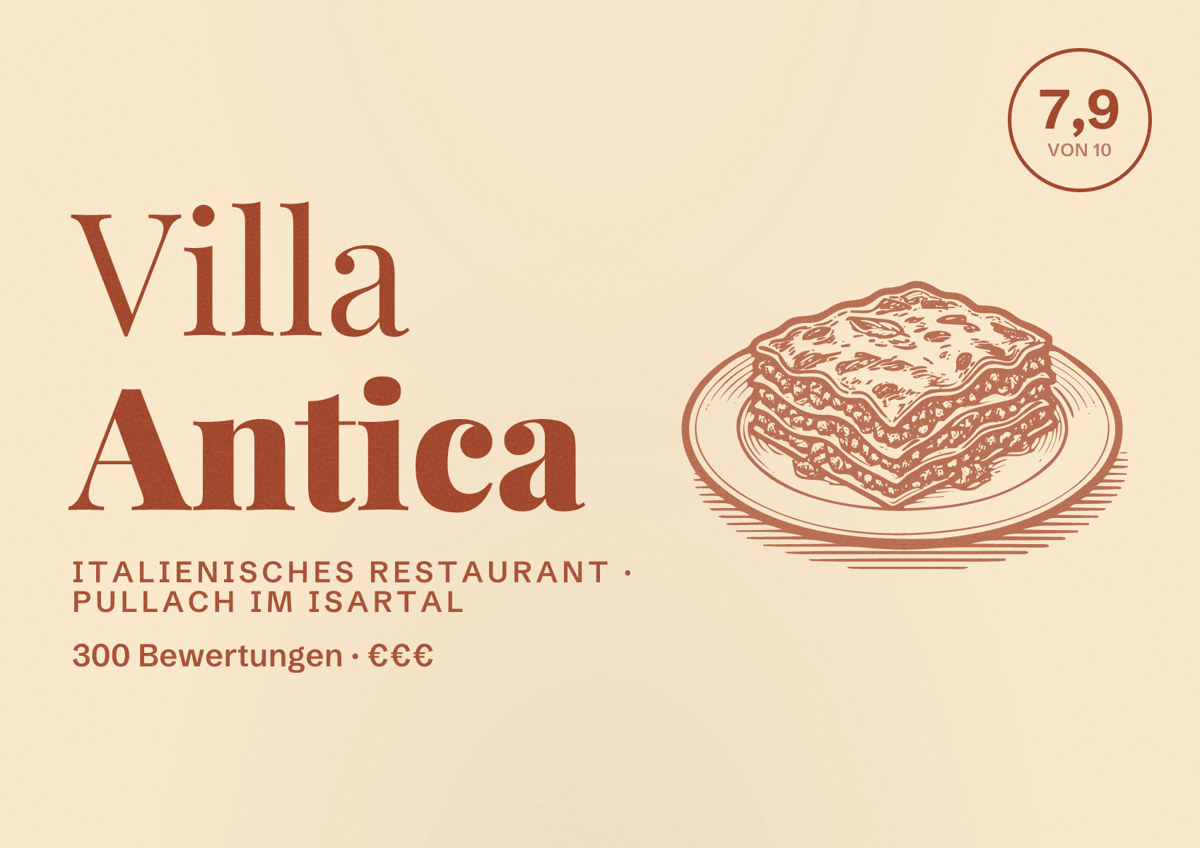 Illustriertes Poster von Villa Antica, Italienisches Restaurant in Pullach im Isartal: Bewertung 7,9 von 10 aus 300 Bewertungen, Preisniveau €€€