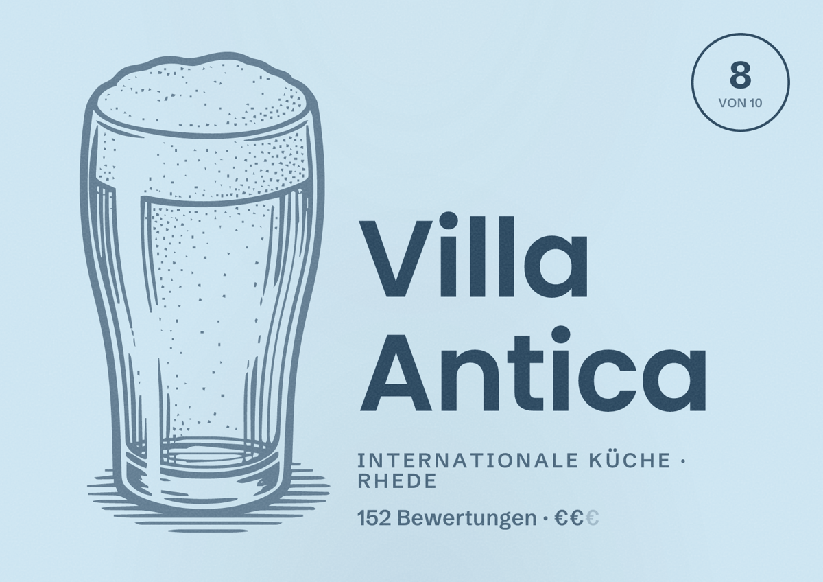 Illustriertes Poster von Villa Antica, Internationale Küche in Rhede: Bewertung 8,0 von 10 aus 152 Bewertungen, Preisniveau €€