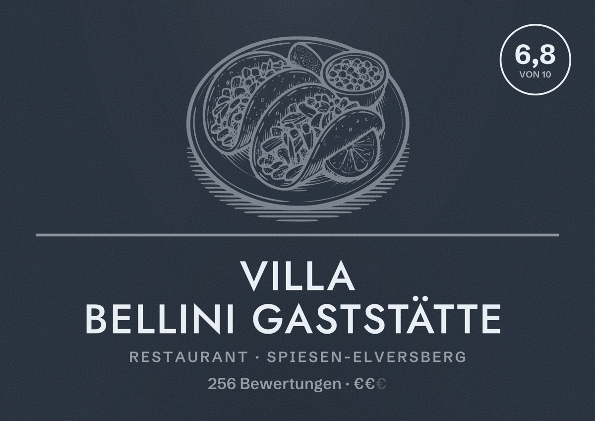 Illustriertes Poster von Villa Bellini Gaststätte, Restaurant in Spiesen-Elversberg: Bewertung 6,8 von 10 aus 256 Bewertungen, Preisniveau €€