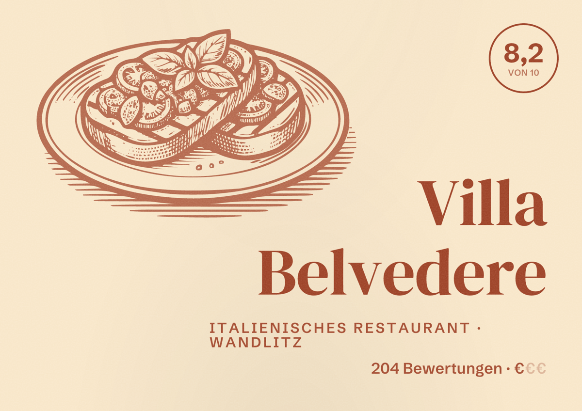 Illustriertes Poster von Villa Belvedere, Italienisches Restaurant in Wandlitz: Bewertung 8,2 von 10 aus 204 Bewertungen, Preisniveau €