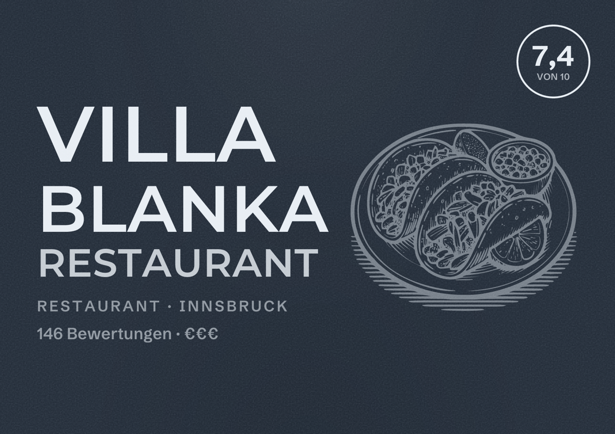 Illustriertes Poster von Villa Blanka Restaurant, Restaurant in Innsbruck: Bewertung 7,4 von 10 aus 146 Bewertungen, Preisniveau €€€