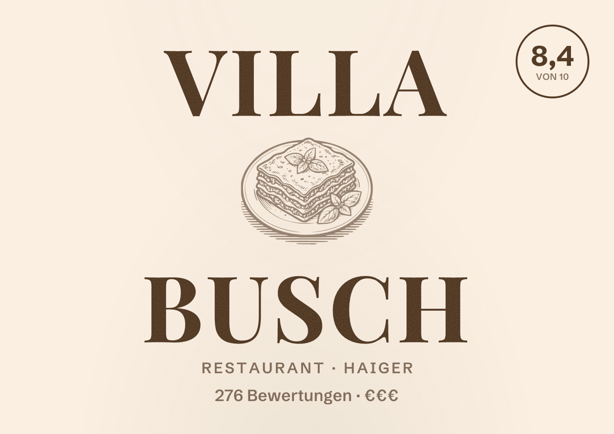 Illustriertes Poster von Villa Busch, Restaurant in Haiger: Bewertung 8,4 von 10 aus 276 Bewertungen, Preisniveau €€€
