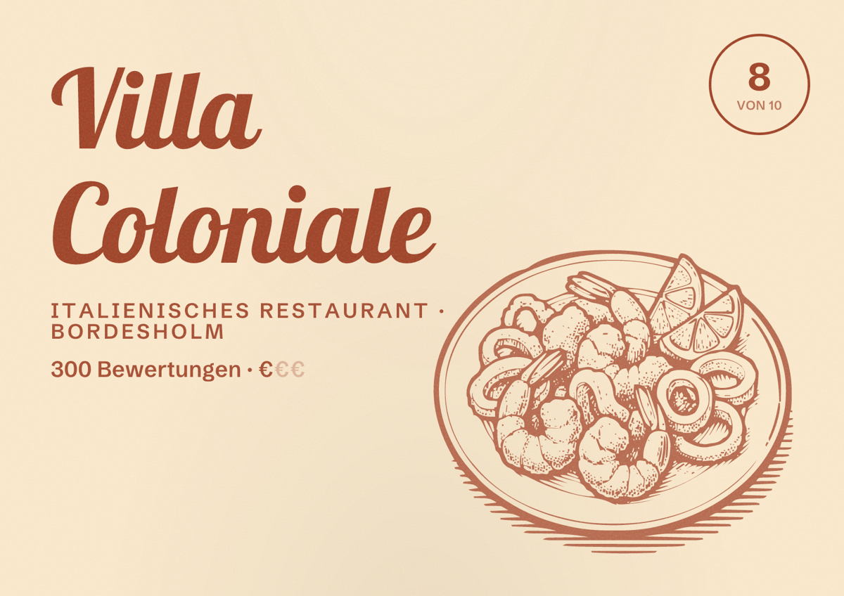Illustriertes Poster von Villa Coloniale, Italienisches Restaurant in Bordesholm: Bewertung 8 von 10 aus 300 Bewertungen, Preisniveau €