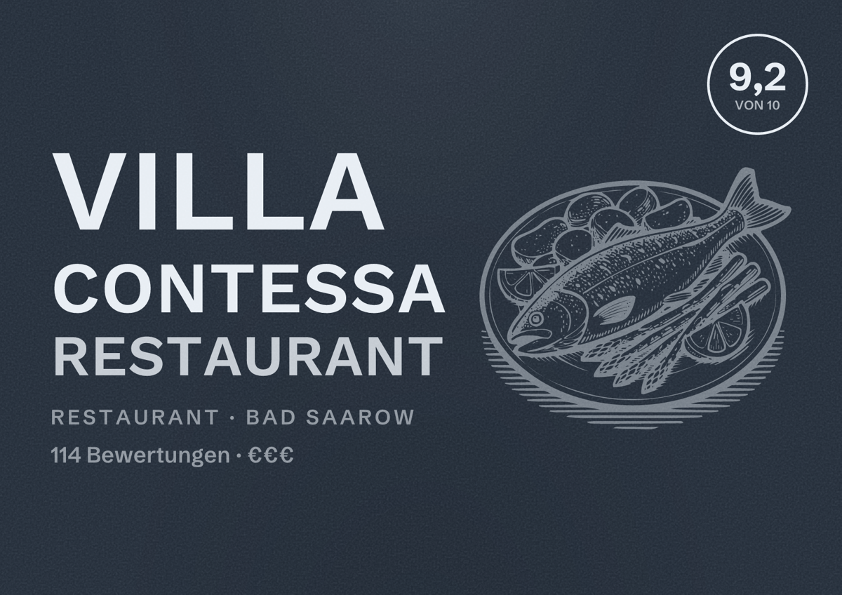 Illustriertes Poster von Villa Contessa Restaurant, Restaurant in Bad Saarow: Bewertung 9,2 von 10 aus 114 Bewertungen, Preisniveau €€€