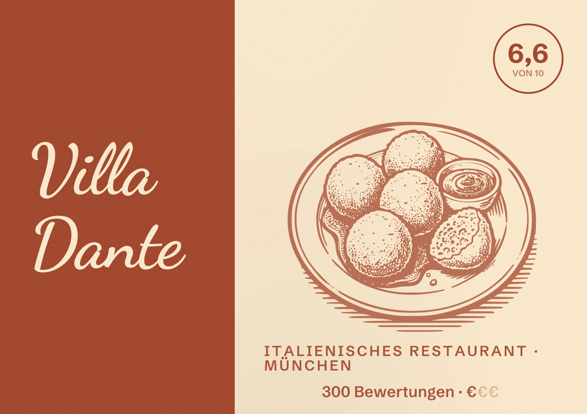 Illustriertes Poster von Villa Dante, Italienisches Restaurant in München: Bewertung 6,6 von 10 aus 300 Bewertungen, Preisniveau €