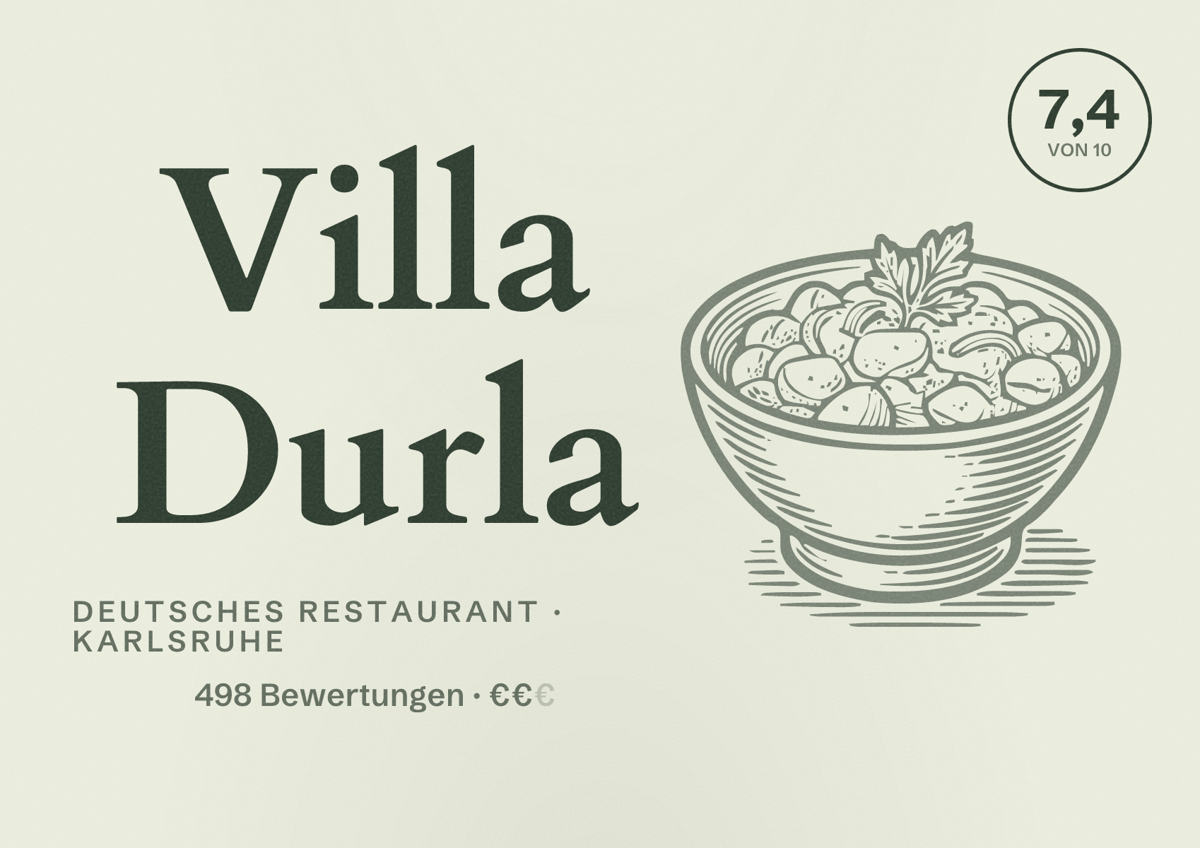 Illustriertes Poster von Villa Durla, Deutsches Restaurant in Karlsruhe: Bewertung 7,4 von 10 aus 498 Bewertungen, Preisniveau €€