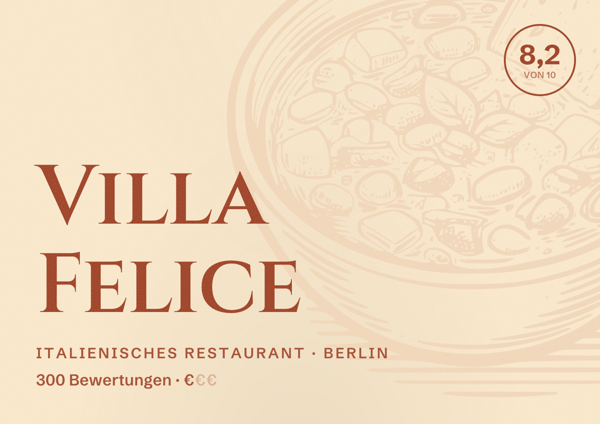 Illustriertes Poster von Villa Felice, Italienisches Restaurant in Berlin: Bewertung 8,2 von 10 aus 300 Bewertungen, Preisniveau €