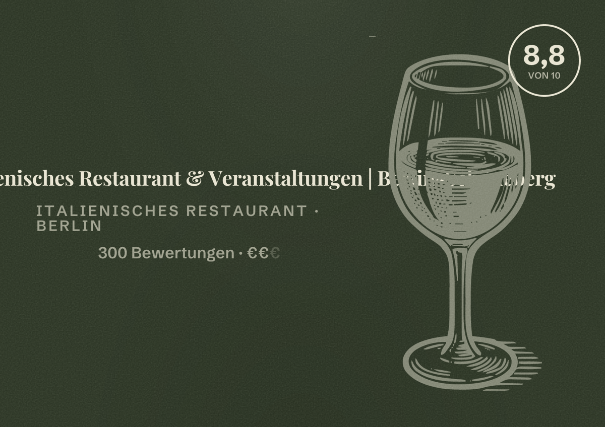Illustriertes Poster von Villa Franca – Italienisches Restaurant & Veranstaltungen | Berlin-Schöneberg, Italienisches Restaurant in Berlin: Bewertung 8,8 von 10 aus 300 Bewertungen, Preisniveau €€