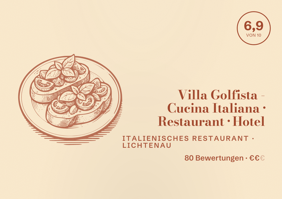 Illustriertes Poster von Villa Golfista - Cucina Italiana • Restaurant • Hotel, Italienisches Restaurant in Lichtenau: Bewertung 6,9 von 10 aus 80 Bewertungen, Preisniveau €€