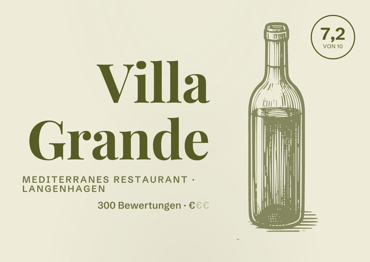 Illustriertes Poster von Villa Grande, Mediterranes Restaurant in Langenhagen: Bewertung 7,2 von 10 aus 300 Bewertungen, Preisniveau €