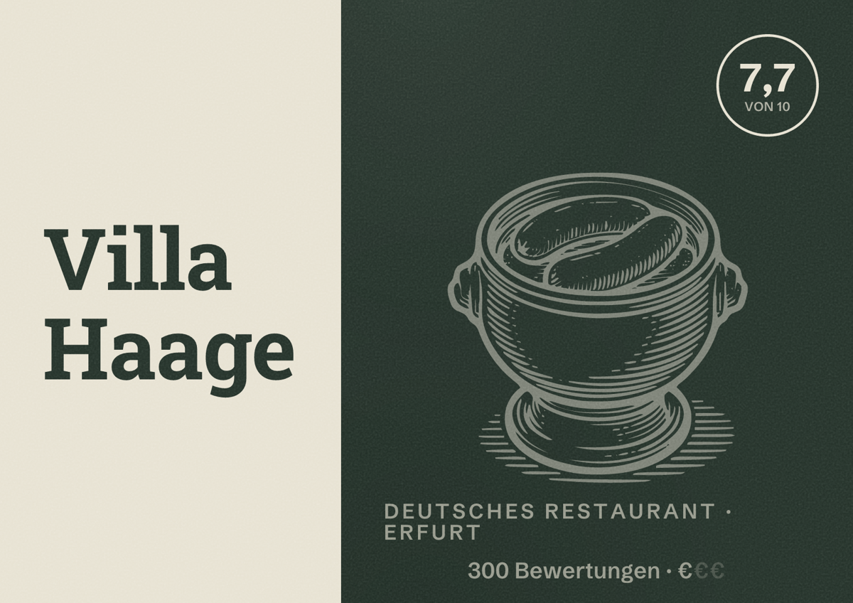 Illustriertes Poster von Villa Haage, Deutsches Restaurant in Erfurt: Bewertung 7,7 von 10 aus 300 Bewertungen, Preisniveau €