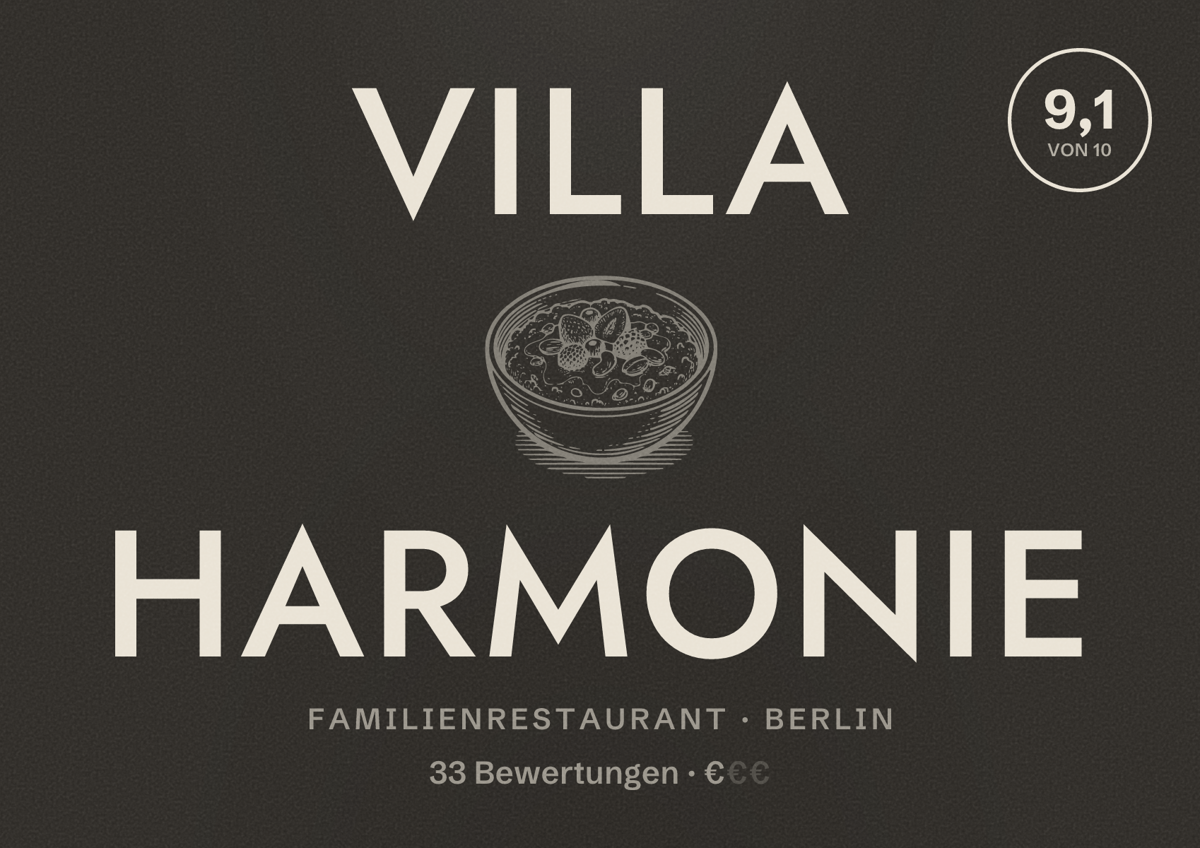 Illustriertes Poster von Villa Harmonie, Familienrestaurant in Berlin: Bewertung 9,1 von 10 aus 33 Bewertungen, Preisniveau €