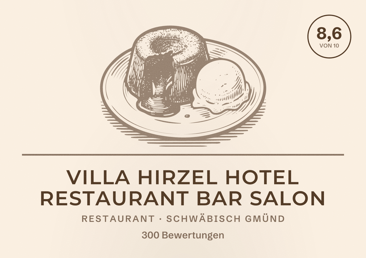 Illustriertes Poster von Villa Hirzel Hotel Restaurant Bar Salon, Restaurant in Schwäbisch Gmünd: Bewertung 8,6 von 10 aus 300 Bewertungen