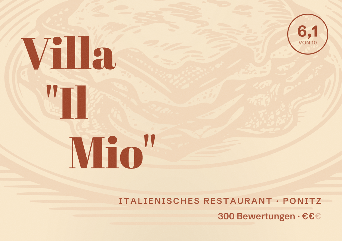 Illustriertes Poster von Villa "Il Mio", Italienisches Restaurant in Ponitz: Bewertung 6,1 von 10 aus 300 Bewertungen, Preisniveau €€