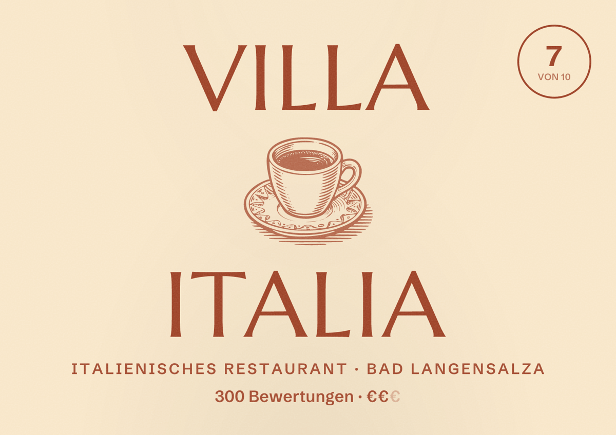 Illustriertes Poster von Villa Italia, Italienisches Restaurant in Bad Langensalza: Bewertung 7 von 10 aus 300 Bewertungen, Preisniveau €€