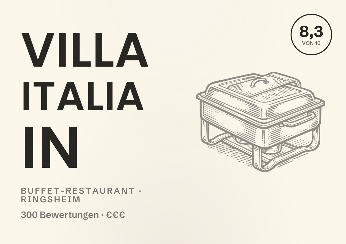 Illustriertes Poster von Villa Italia in, Buffet-Restaurant in Ringsheim: Bewertung 8,3 von 10 aus 300 Bewertungen, Preisniveau €€€