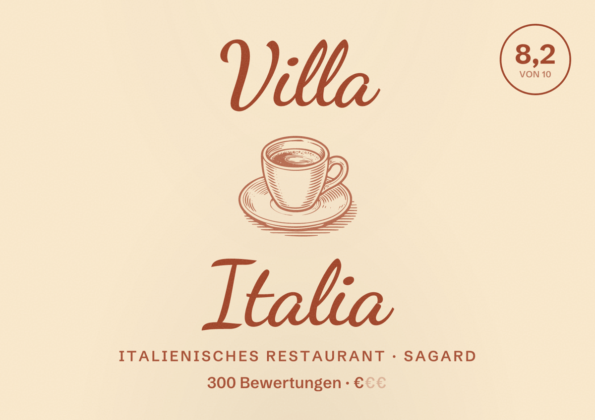 Illustriertes Poster von Villa Italia, Italienisches Restaurant in Sagard: Bewertung 8,2 von 10 aus 300 Bewertungen, Preisniveau €