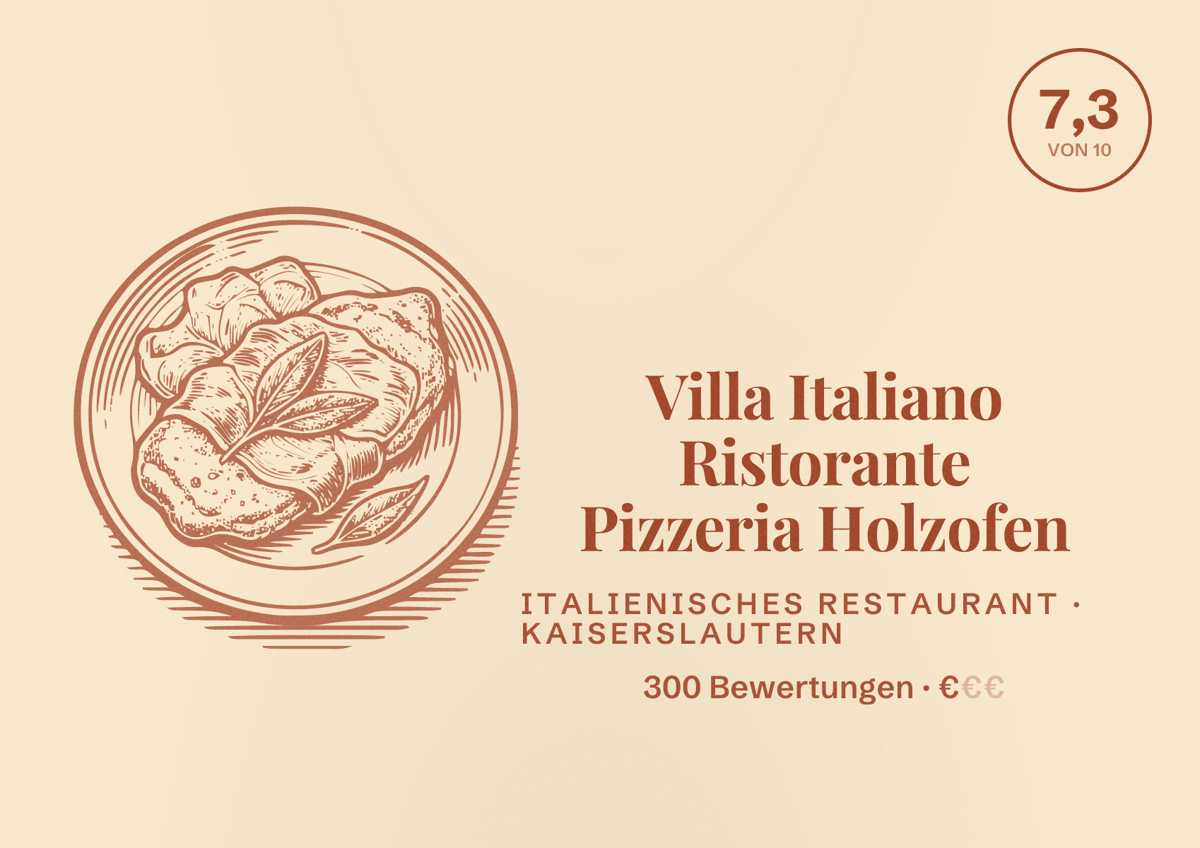 Illustriertes Poster von Villa Italiano Ristorante Pizzeria Holzofen, Italienisches Restaurant in Kaiserslautern: Bewertung 7,3 von 10 aus 300 Bewertungen, Preisniveau €
