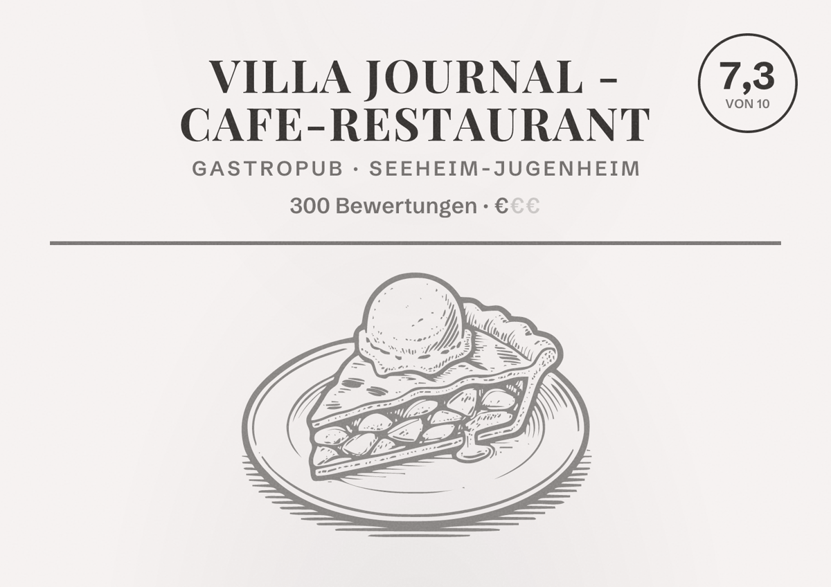 Illustriertes Poster von Villa Journal - Cafe-Restaurant, Gastropub in Seeheim-Jugenheim: Bewertung 7,3 von 10 aus 300 Bewertungen, Preisniveau €