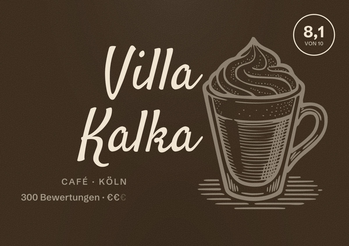 Illustriertes Poster von Villa Kalka, Café in Köln: Bewertung 8,1 von 10 aus 300 Bewertungen, Preisniveau €€