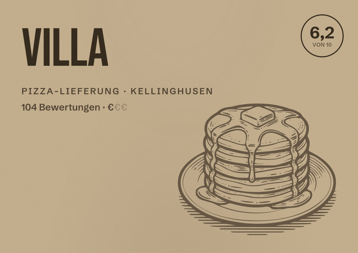 Illustriertes Poster von Villa, Pizza-Lieferung in Kellinghusen: Bewertung 6,2 von 10 aus 104 Bewertungen, Preisniveau €