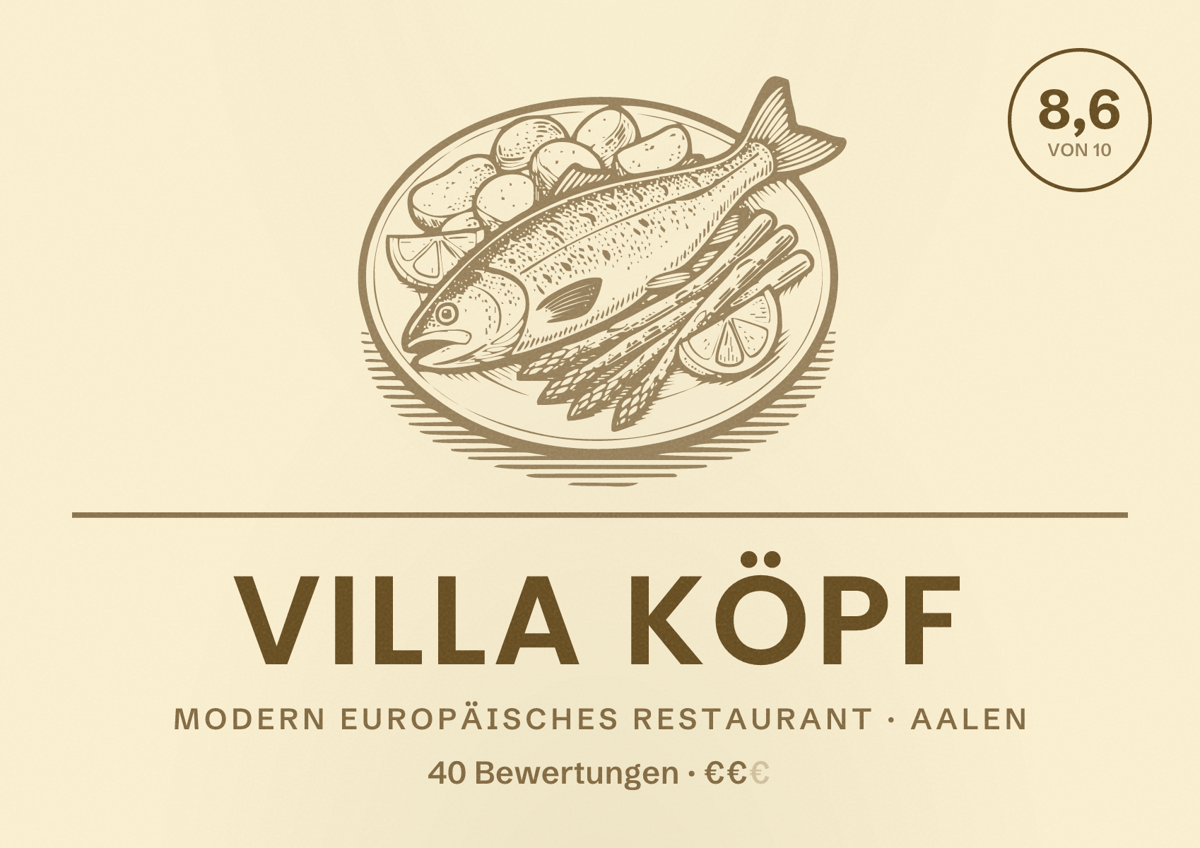 Illustriertes Poster von Villa Köpf, Modern europäisches Restaurant in Aalen: Bewertung 8,6 von 10 aus 40 Bewertungen, Preisniveau €€