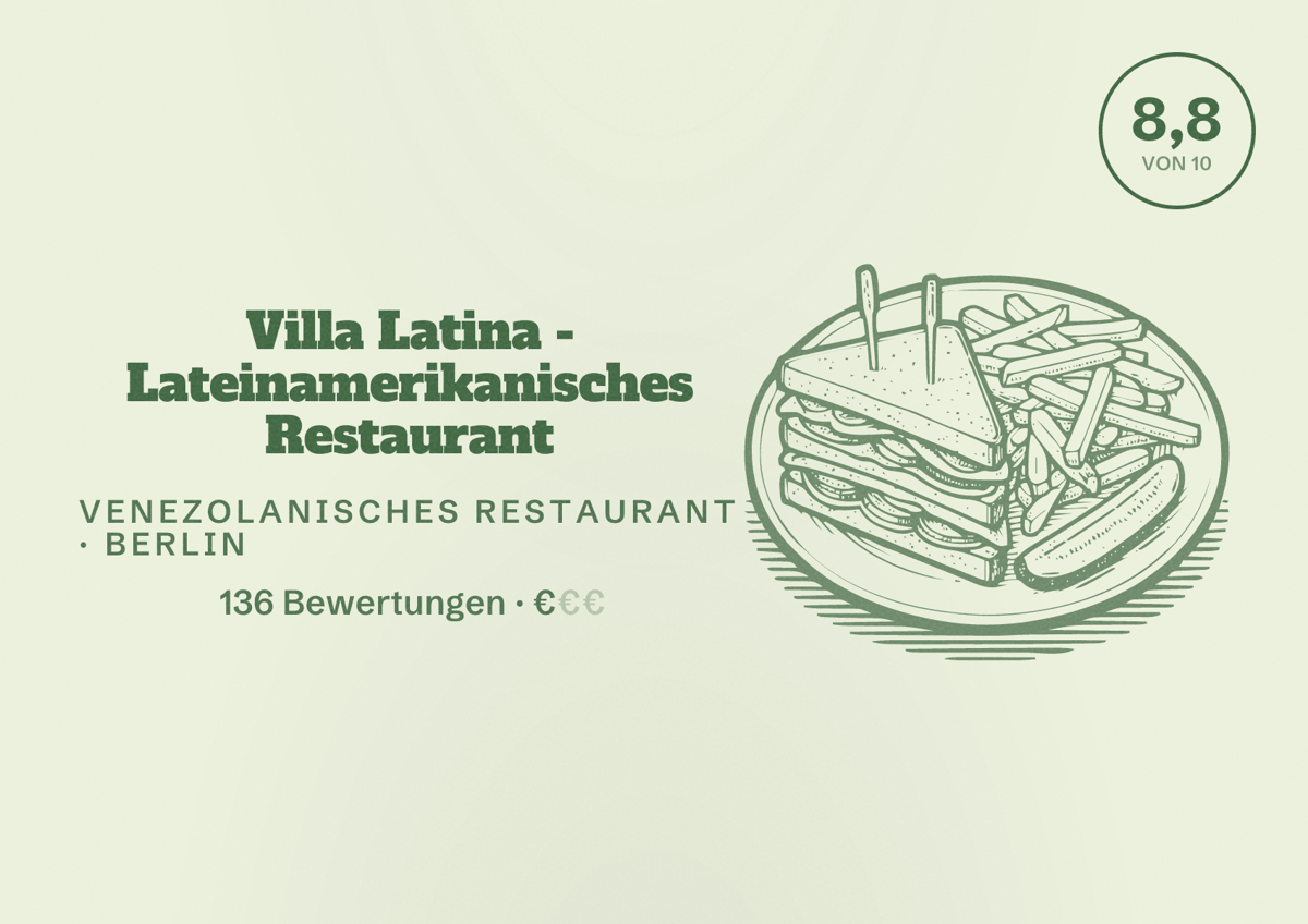 Illustriertes Poster von Villa Latina - Lateinamerikanisches Restaurant, Venezolanisches Restaurant in Berlin: Bewertung 8,8 von 10 aus 136 Bewertungen, Preisniveau €