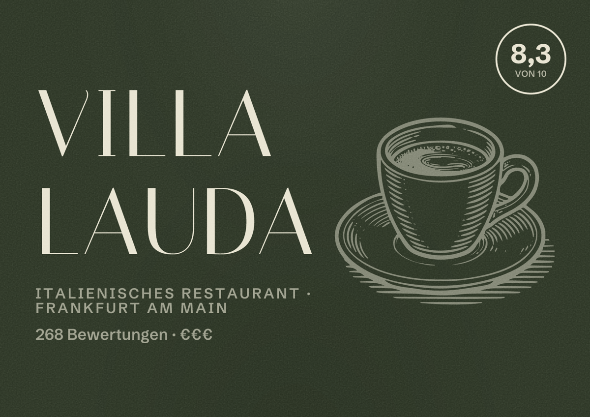 Illustriertes Poster von Villa Lauda, Italienisches Restaurant in Frankfurt am Main: Bewertung 8,3 von 10 aus 268 Bewertungen, Preisniveau €€€