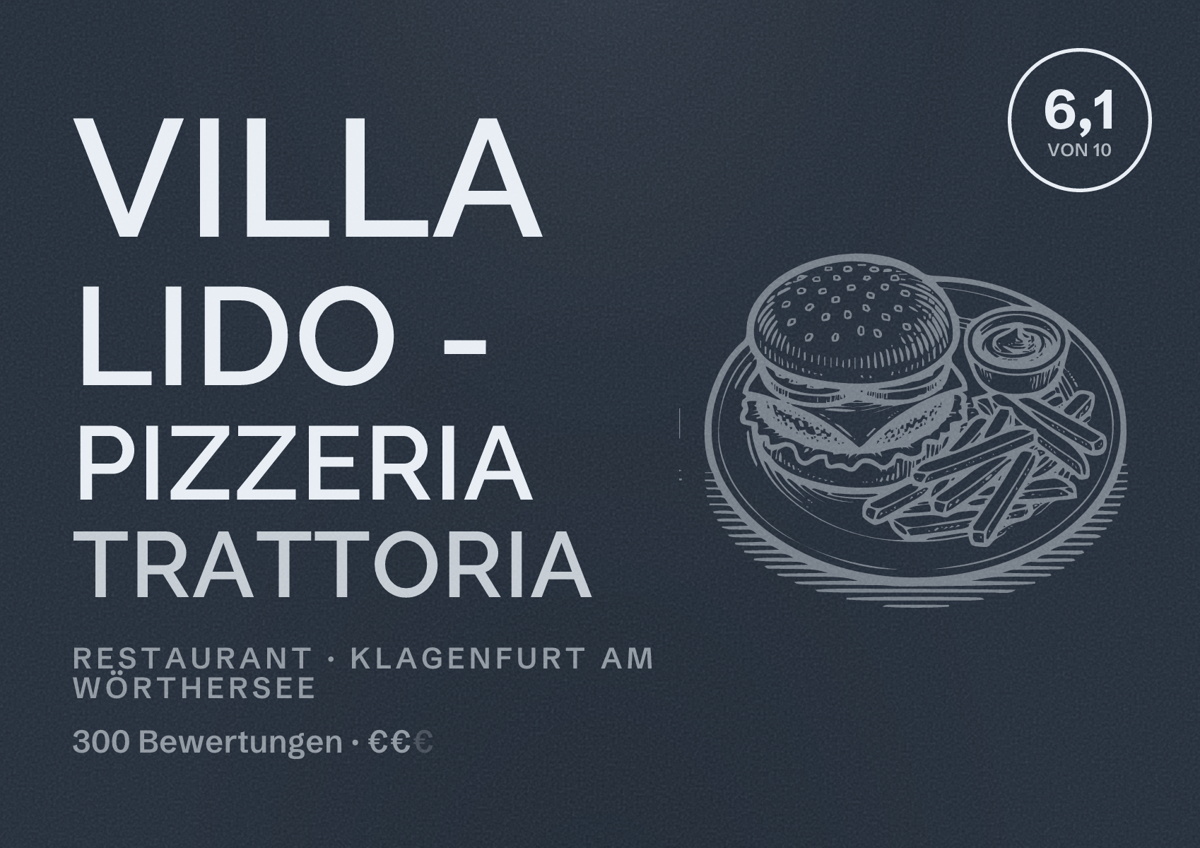 Illustriertes Poster von Villa Lido - Pizzeria Trattoria, Restaurant in Klagenfurt am Wörthersee: Bewertung 6,1 von 10 aus 300 Bewertungen, Preisniveau €€