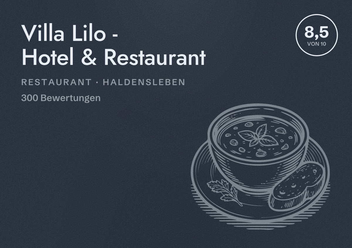 Illustriertes Poster von Villa Lilo - Hotel & Restaurant, Restaurant in Haldensleben: Bewertung 8,5 von 10 aus 300 Bewertungen