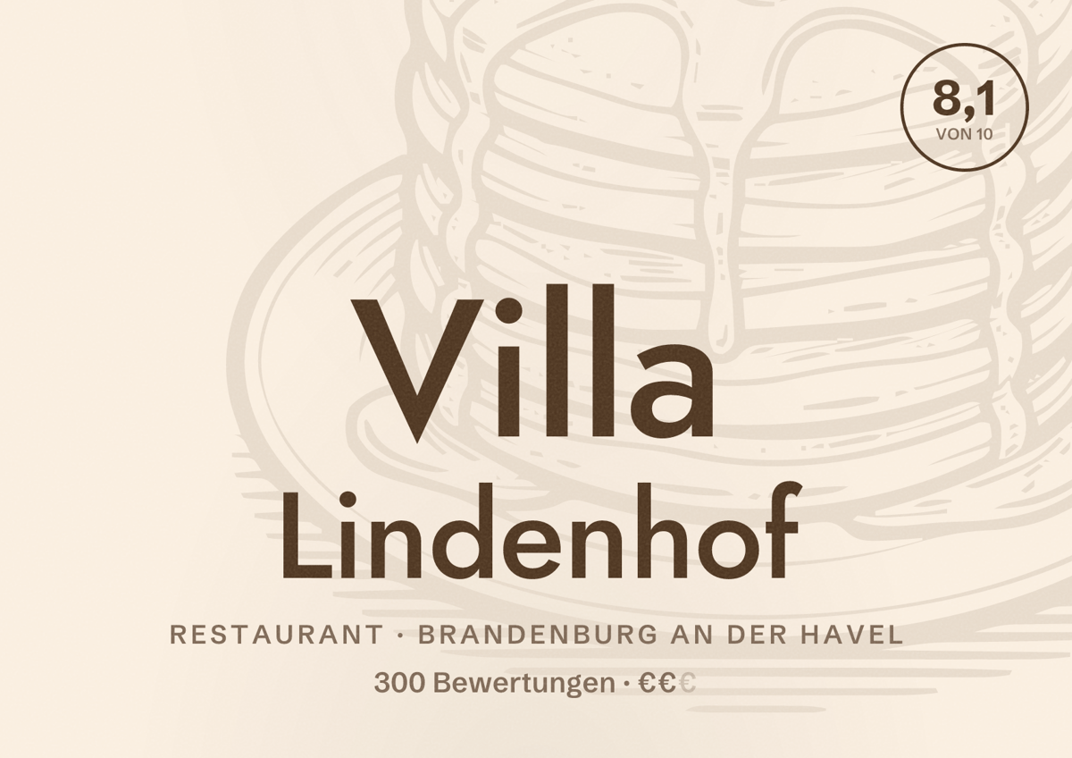 Illustriertes Poster von Villa Lindenhof, Restaurant in Brandenburg an der Havel: Bewertung 8,1 von 10 aus 300 Bewertungen, Preisniveau €€