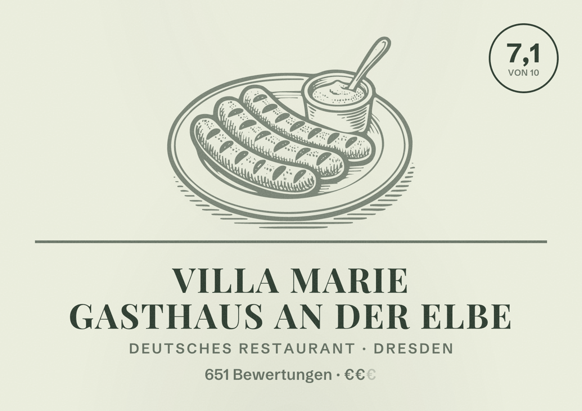 Illustriertes Poster von VILLA MARIE Gasthaus an der Elbe, Deutsches Restaurant in Dresden: Bewertung 7,1 von 10 aus 651 Bewertungen, Preisniveau €€