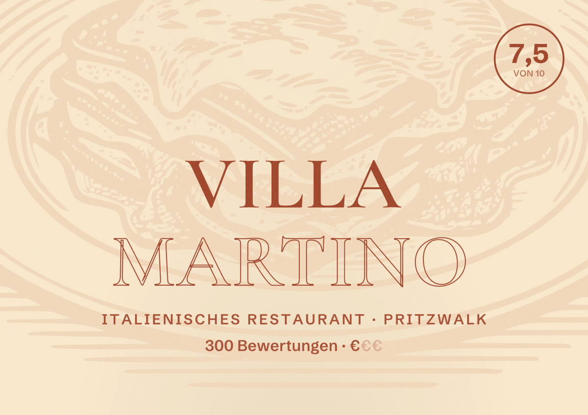 Illustriertes Poster von Villa Martino, Italienisches Restaurant in Pritzwalk: Bewertung 7,5 von 10 aus 300 Bewertungen, Preisniveau €