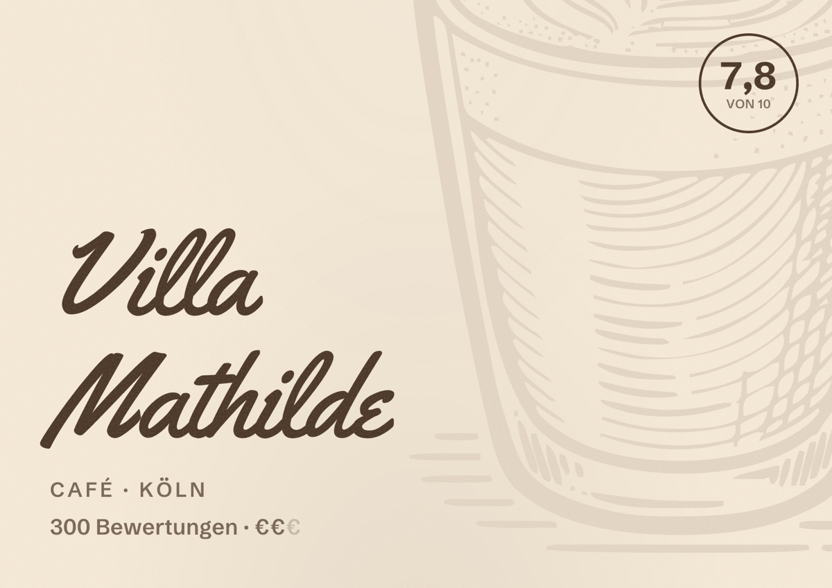 Illustriertes Poster von Villa Mathilde, Café in Köln: Bewertung 7,8 von 10 aus 300 Bewertungen, Preisniveau €€
