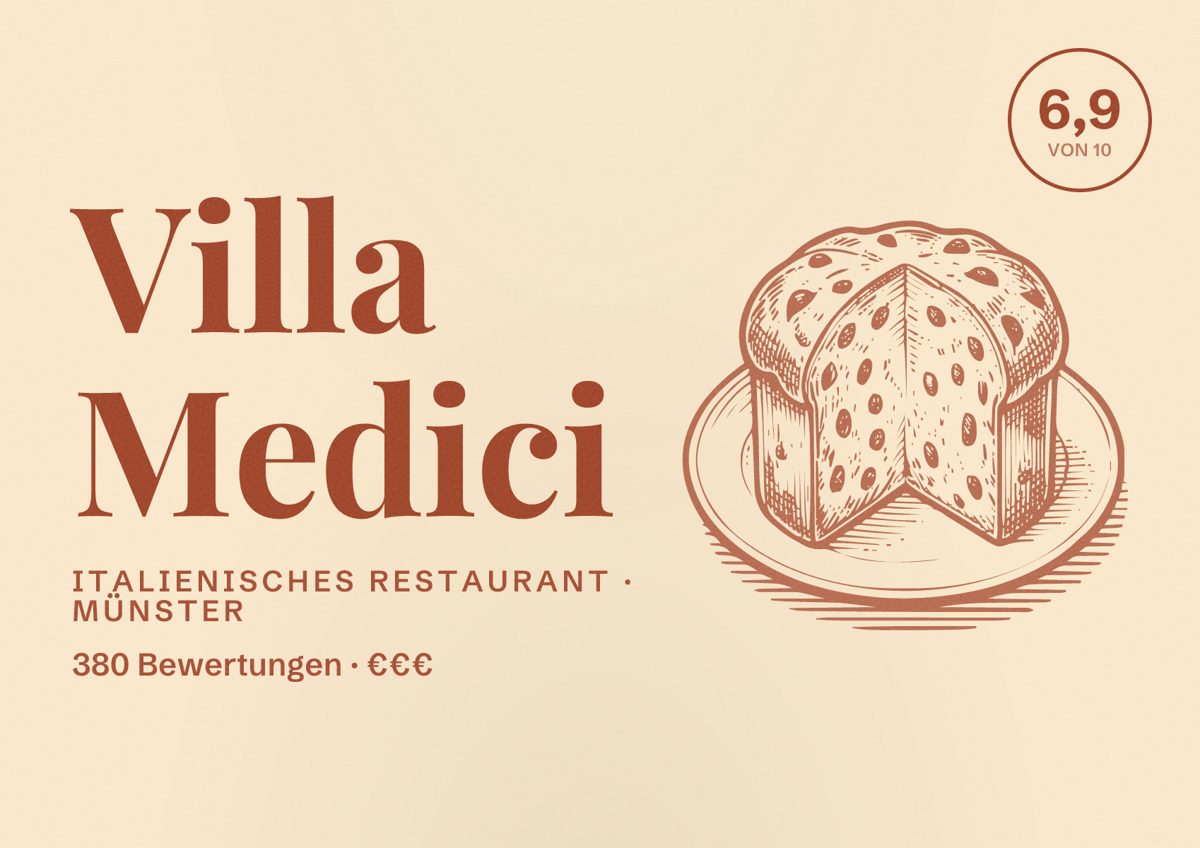 Illustriertes Poster von Villa Medici, Italienisches Restaurant in Münster: Bewertung 6,9 von 10 aus 380 Bewertungen, Preisniveau €€€
