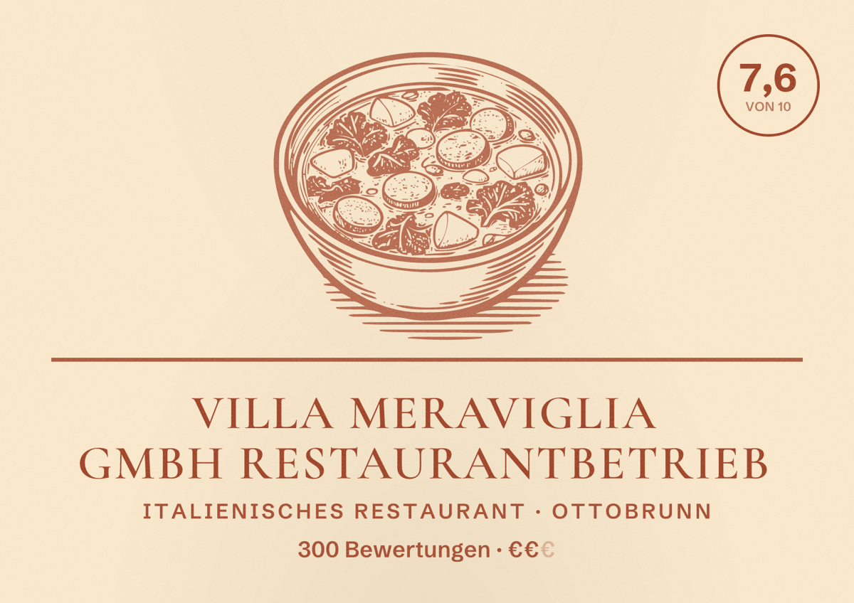 Illustriertes Poster von Villa Meraviglia GmbH Restaurantbetrieb, Italienisches Restaurant in Ottobrunn: Bewertung 7,6 von 10 aus 300 Bewertungen, Preisniveau €€