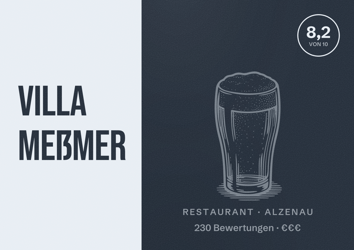 Illustriertes Poster von Villa Meßmer, Restaurant in Alzenau: Bewertung 8,2 von 10 aus 230 Bewertungen, Preisniveau €€€