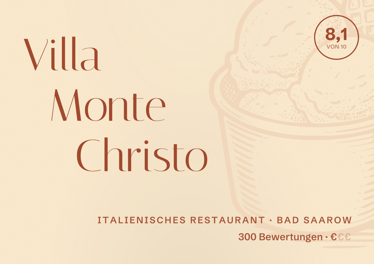 Illustriertes Poster von Villa Monte Christo, Italienisches Restaurant in Bad Saarow: Bewertung 8,1 von 10 aus 300 Bewertungen, Preisniveau €