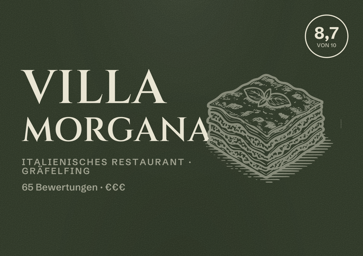 Illustriertes Poster von VILLA MORGANA, Italienisches Restaurant in Gräfelfing: Bewertung 8,7 von 10 aus 65 Bewertungen, Preisniveau €€€