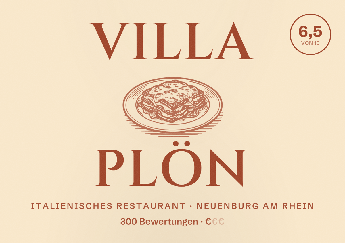Illustriertes Poster von Villa Plön, Italienisches Restaurant in Neuenburg am Rhein: Bewertung 6,5 von 10 aus 300 Bewertungen, Preisniveau €