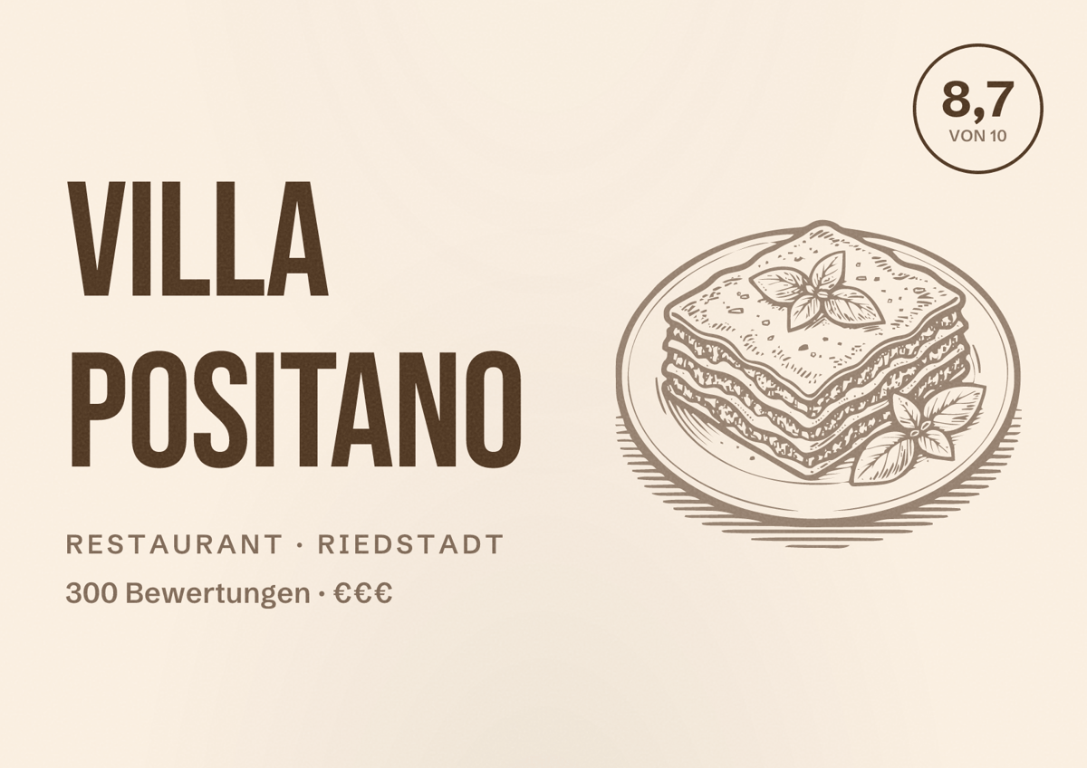 Illustriertes Poster von Villa Positano, Restaurant in Riedstadt: Bewertung 8,7 von 10 aus 300 Bewertungen, Preisniveau €€€