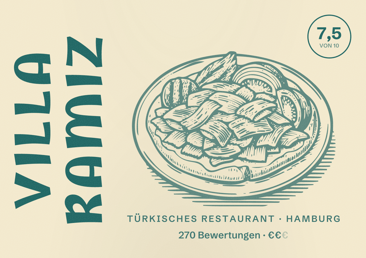 Illustriertes Poster von Villa Ramiz, Türkisches Restaurant in Hamburg: Bewertung 7,5 von 10 aus 270 Bewertungen, Preisniveau €€